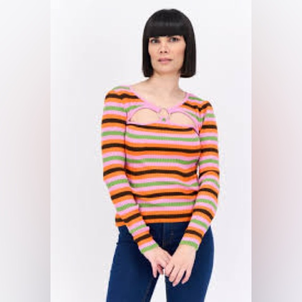 ASOS Striped Ribbed Sweater with Cutout Detail Pink Orange Multi Size 14
